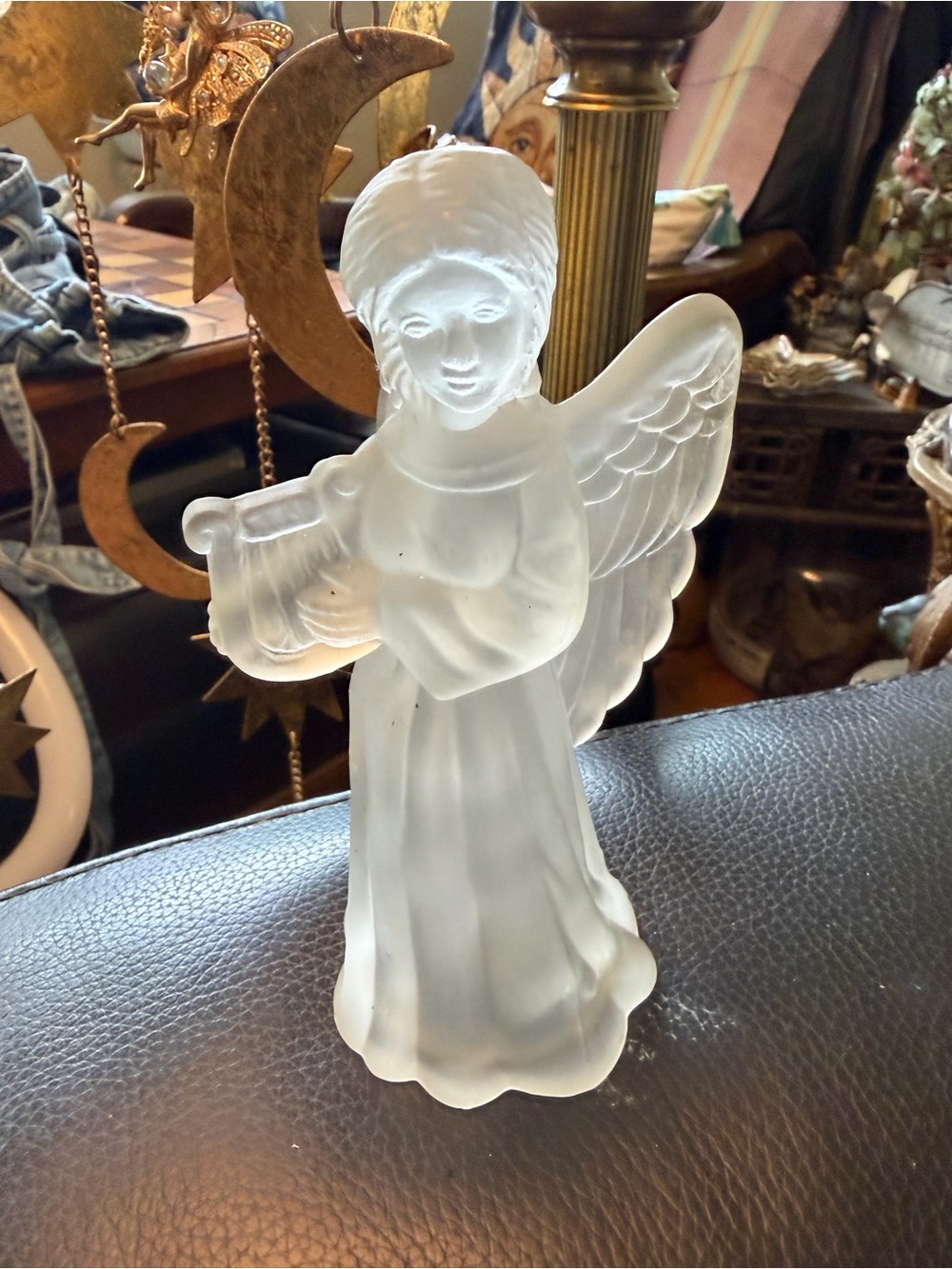 Vtg. clear frosted art glass angel figurine, holding harp, 6 3/4" Nightlight